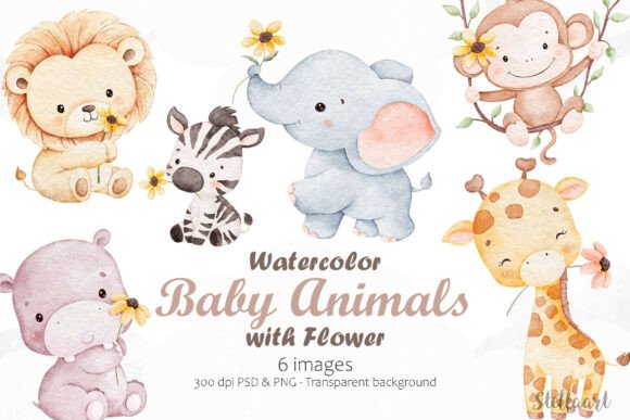 Download Watercolor Baby Animals with Flower - Baby Collection