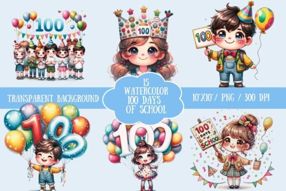 Download Watercolor 100 Days at School Graphics - School graphics Collection