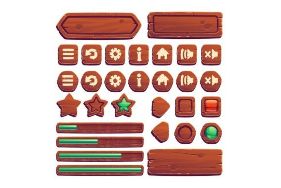 Download Wooden Buttons for UI Game GUI Elements - Element Collection